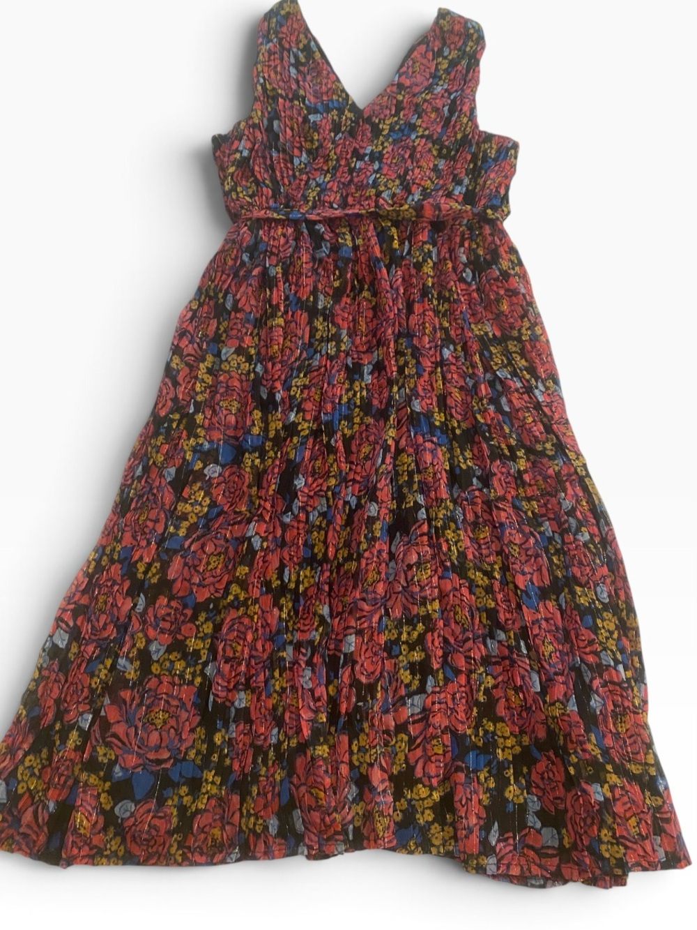 Modcloth Floral Sleeves Midi Dress Black Pink Red Gold Yellow Belted size XL - Picture 3 of 15